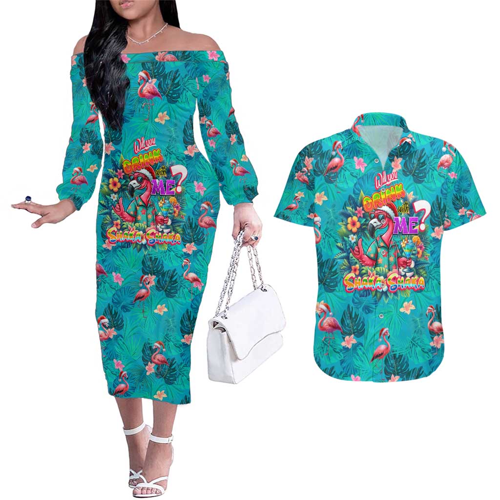 Tropical Flamingo Christmas Couples Matching Off The Shoulder Long Sleeve Dress and Hawaiian Shirt Shaka Shaka Will You Drink With Me - Wonder Print Shop