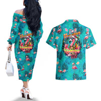 Tropical Flamingo Christmas Couples Matching Off The Shoulder Long Sleeve Dress and Hawaiian Shirt Shaka Shaka Will You Drink With Me - Wonder Print Shop
