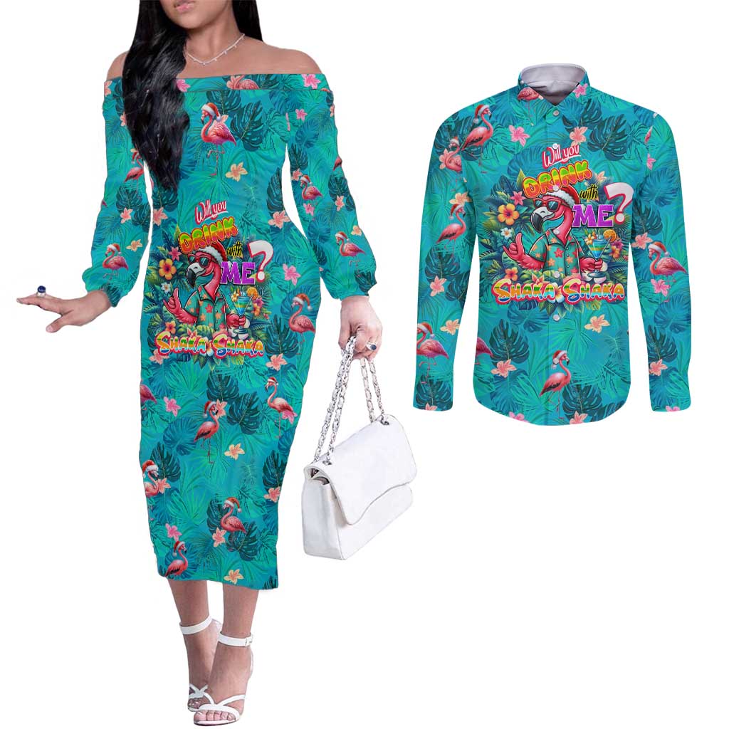 Tropical Flamingo Christmas Couples Matching Off The Shoulder Long Sleeve Dress and Long Sleeve Button Shirt Shaka Shaka Will You Drink With Me - Wonder Print Shop