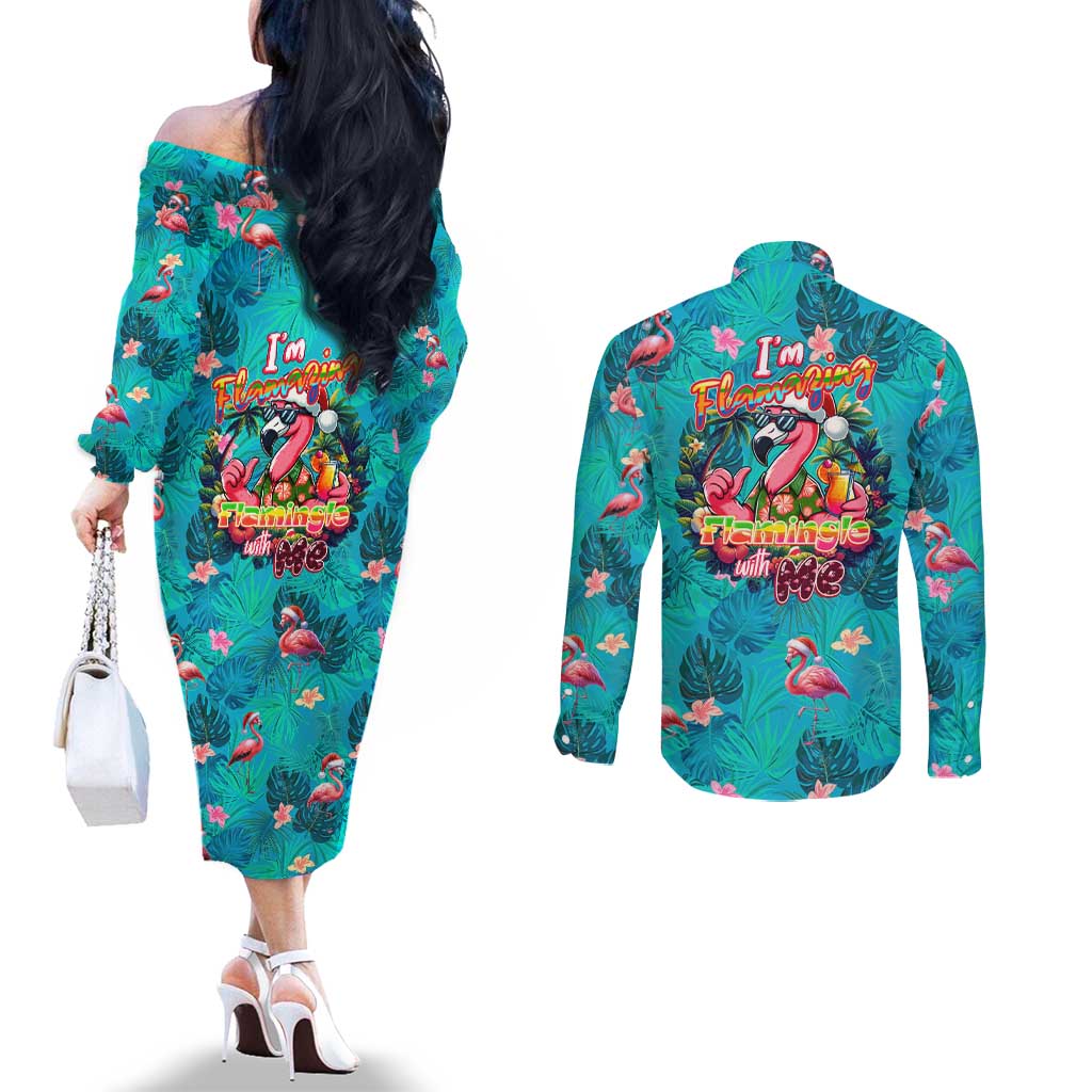 Tropical Flamingo Christmas Couples Matching Off The Shoulder Long Sleeve Dress and Long Sleeve Button Shirt Shaka Shaka Will You Drink With Me - Wonder Print Shop