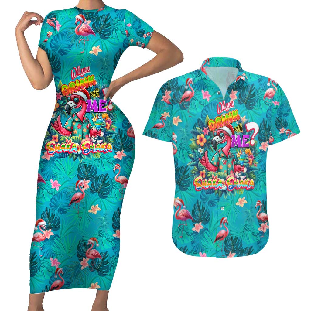 Tropical Flamingo Christmas Couples Matching Short Sleeve Bodycon Dress and Hawaiian Shirt Shaka Shaka Will You Drink With Me - Wonder Print Shop