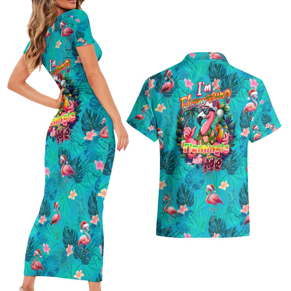 Tropical Flamingo Christmas Couples Matching Short Sleeve Bodycon Dress and Hawaiian Shirt Shaka Shaka Will You Drink With Me - Wonder Print Shop