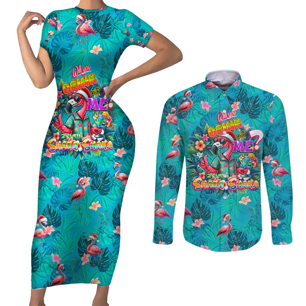 Tropical Flamingo Christmas Couples Matching Short Sleeve Bodycon Dress and Long Sleeve Button Shirt Shaka Shaka Will You Drink With Me - Wonder Print Shop