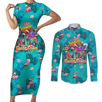 Tropical Flamingo Christmas Couples Matching Short Sleeve Bodycon Dress and Long Sleeve Button Shirt Shaka Shaka Will You Drink With Me - Wonder Print Shop