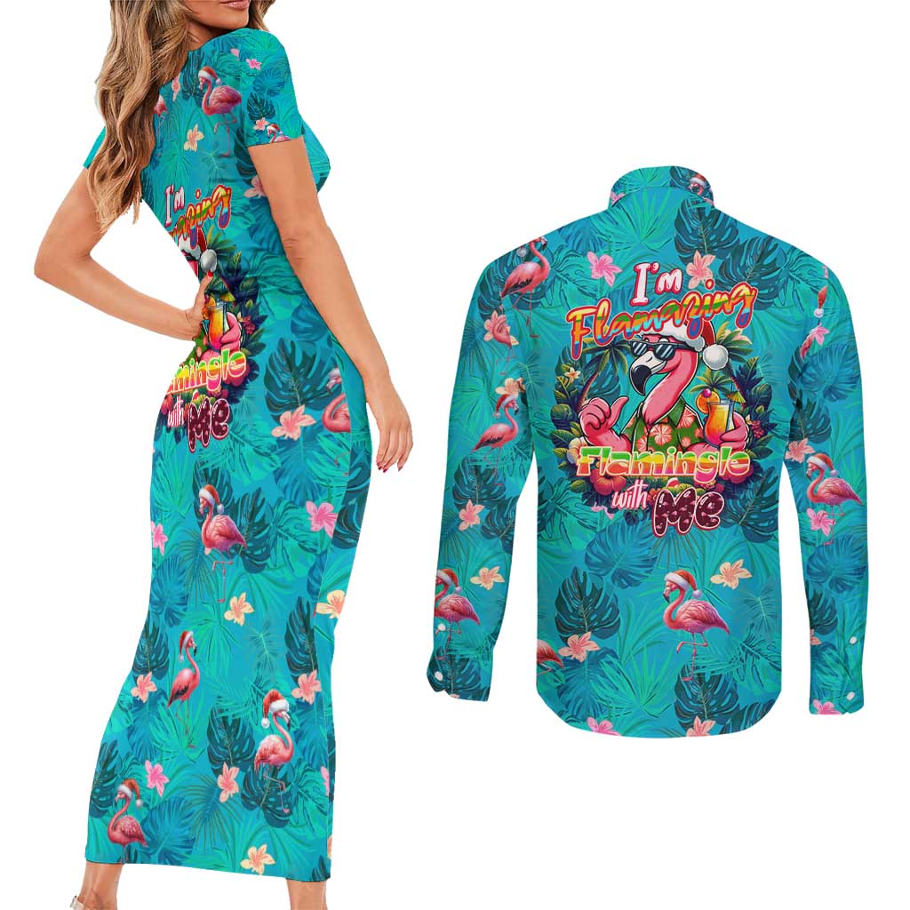 Tropical Flamingo Christmas Couples Matching Short Sleeve Bodycon Dress and Long Sleeve Button Shirt Shaka Shaka Will You Drink With Me - Wonder Print Shop