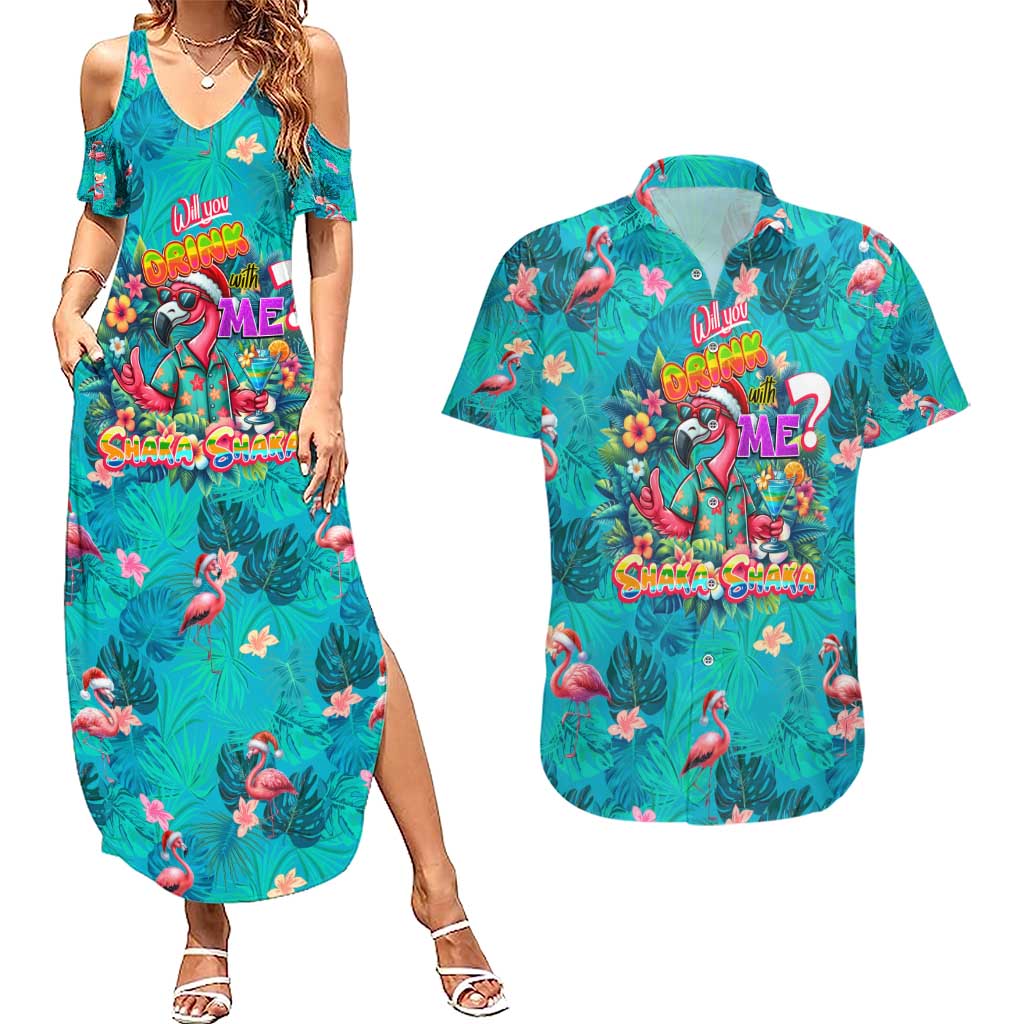 Tropical Flamingo Christmas Couples Matching Summer Maxi Dress and Hawaiian Shirt Shaka Shaka Will You Drink With Me - Wonder Print Shop
