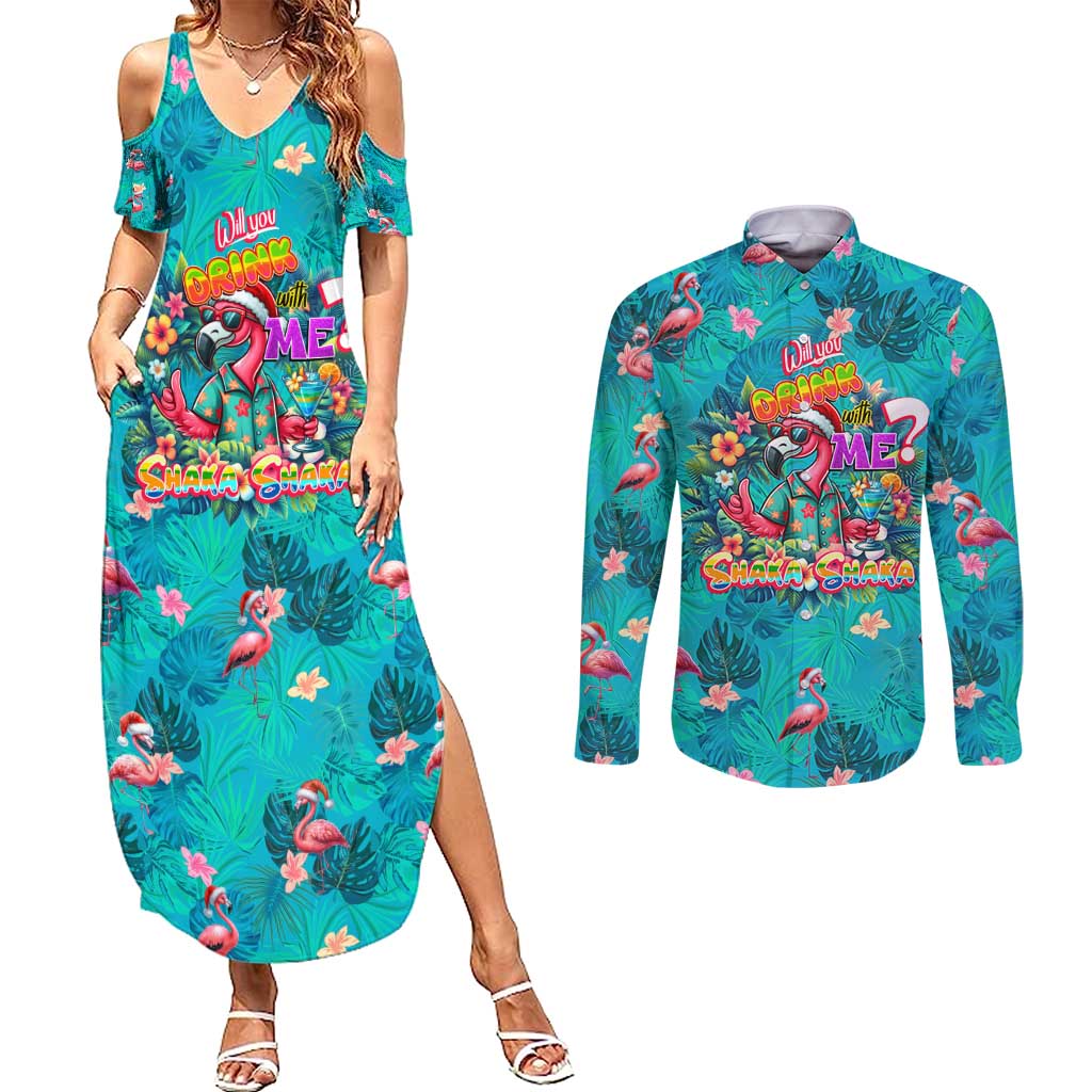 Tropical Flamingo Christmas Couples Matching Summer Maxi Dress and Long Sleeve Button Shirt Shaka Shaka Will You Drink With Me - Wonder Print Shop