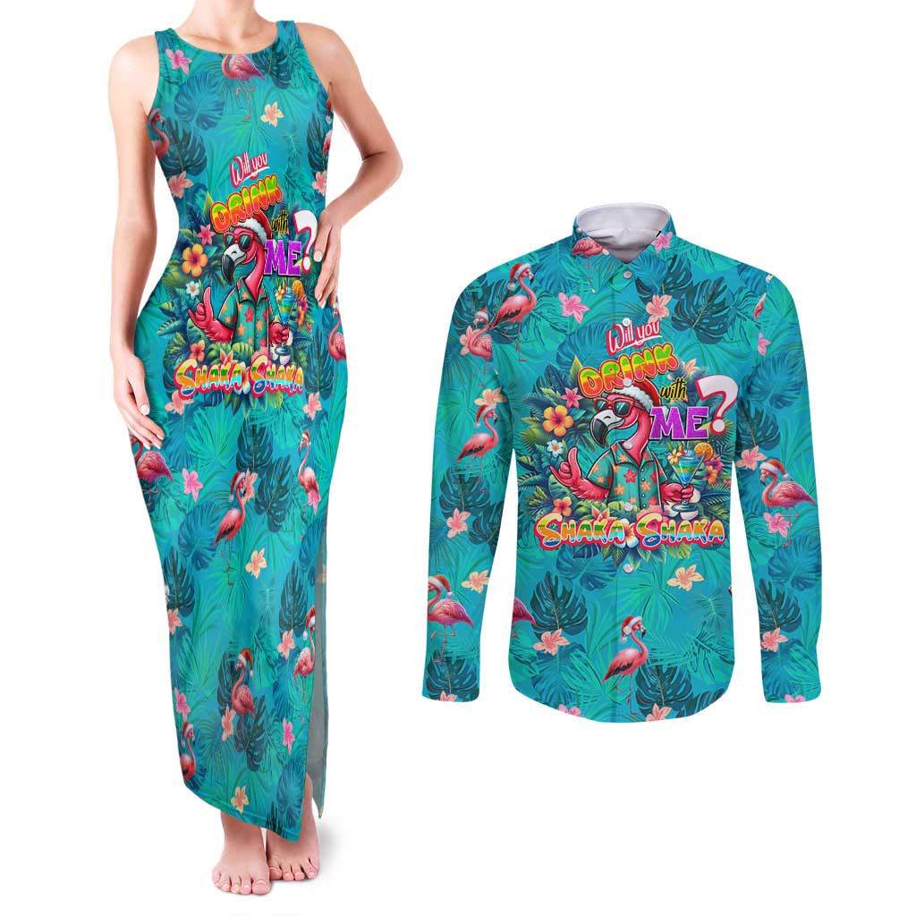Tropical Flamingo Christmas Couples Matching Tank Maxi Dress and Long Sleeve Button Shirt Shaka Shaka Will You Drink With Me - Wonder Print Shop