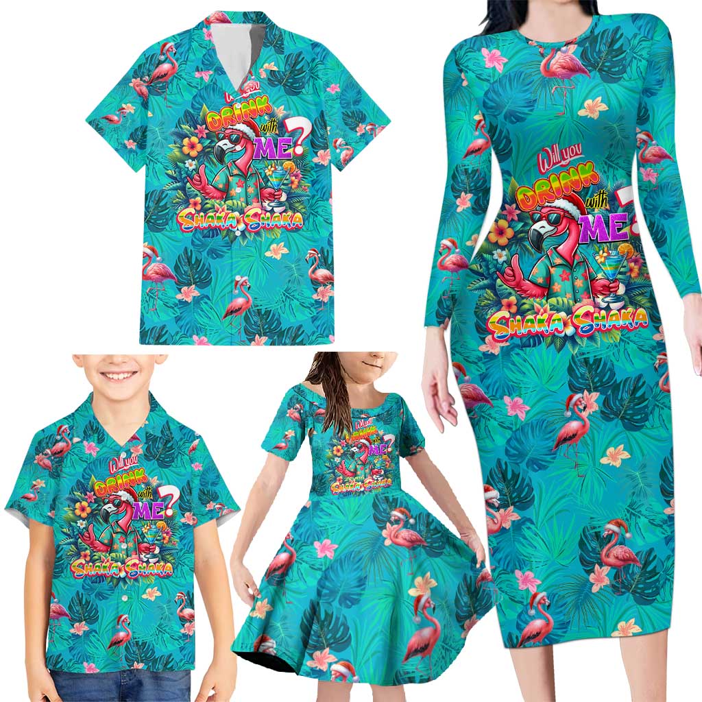 Tropical Flamingo Christmas Family Matching Long Sleeve Bodycon Dress and Hawaiian Shirt Shaka Shaka Will You Drink With Me - Wonder Print Shop