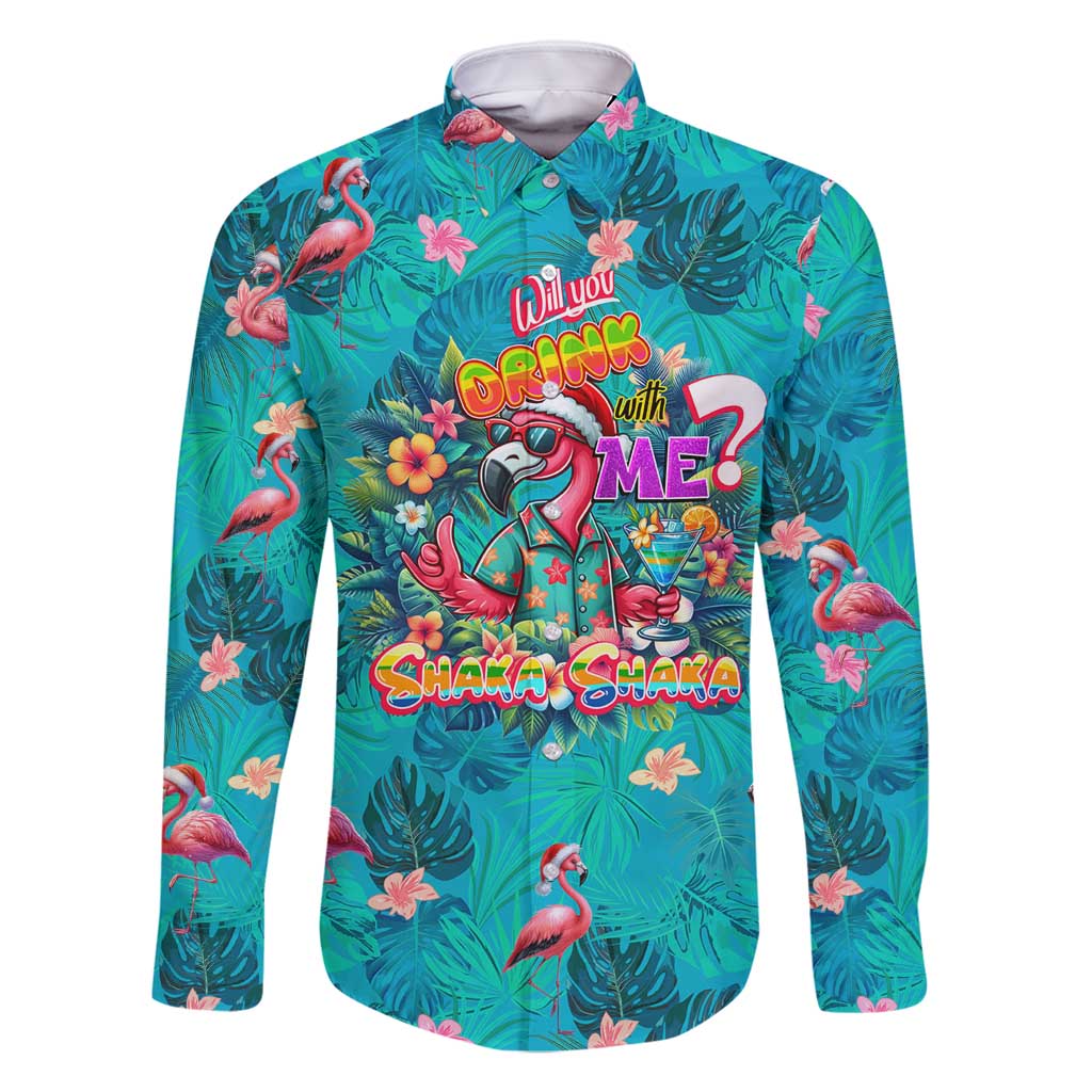 Tropical Flamingo Christmas Family Matching Long Sleeve Bodycon Dress and Hawaiian Shirt Shaka Shaka Will You Drink With Me - Wonder Print Shop