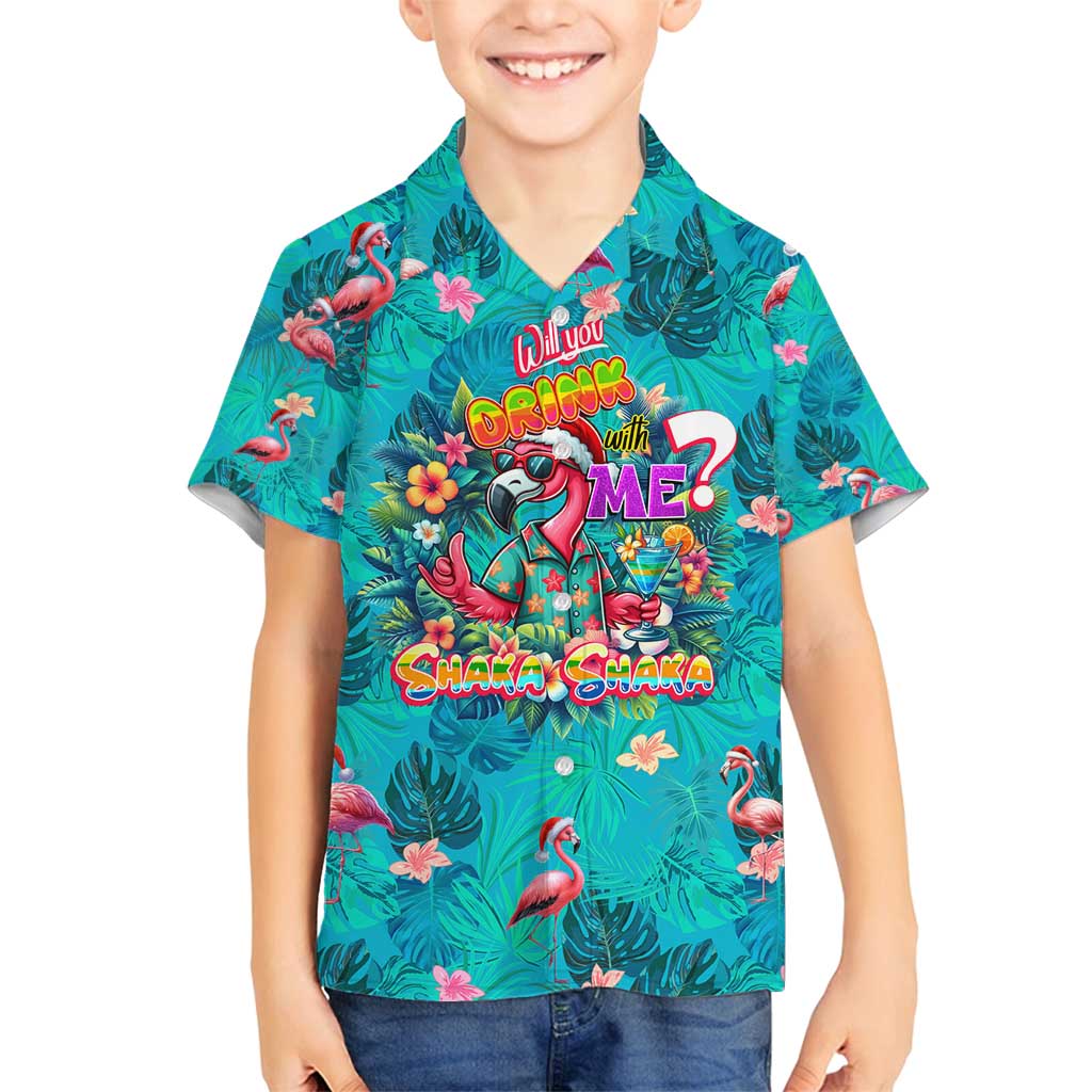 Tropical Flamingo Christmas Family Matching Long Sleeve Bodycon Dress and Hawaiian Shirt Shaka Shaka Will You Drink With Me - Wonder Print Shop