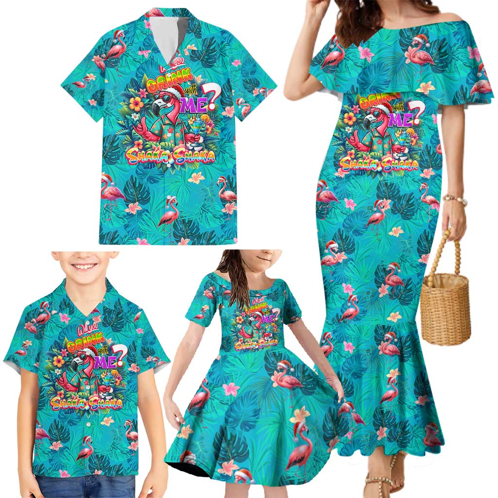 Tropical Flamingo Christmas Family Matching Mermaid Dress and Hawaiian Shirt Shaka Shaka Will You Drink With Me - Wonder Print Shop