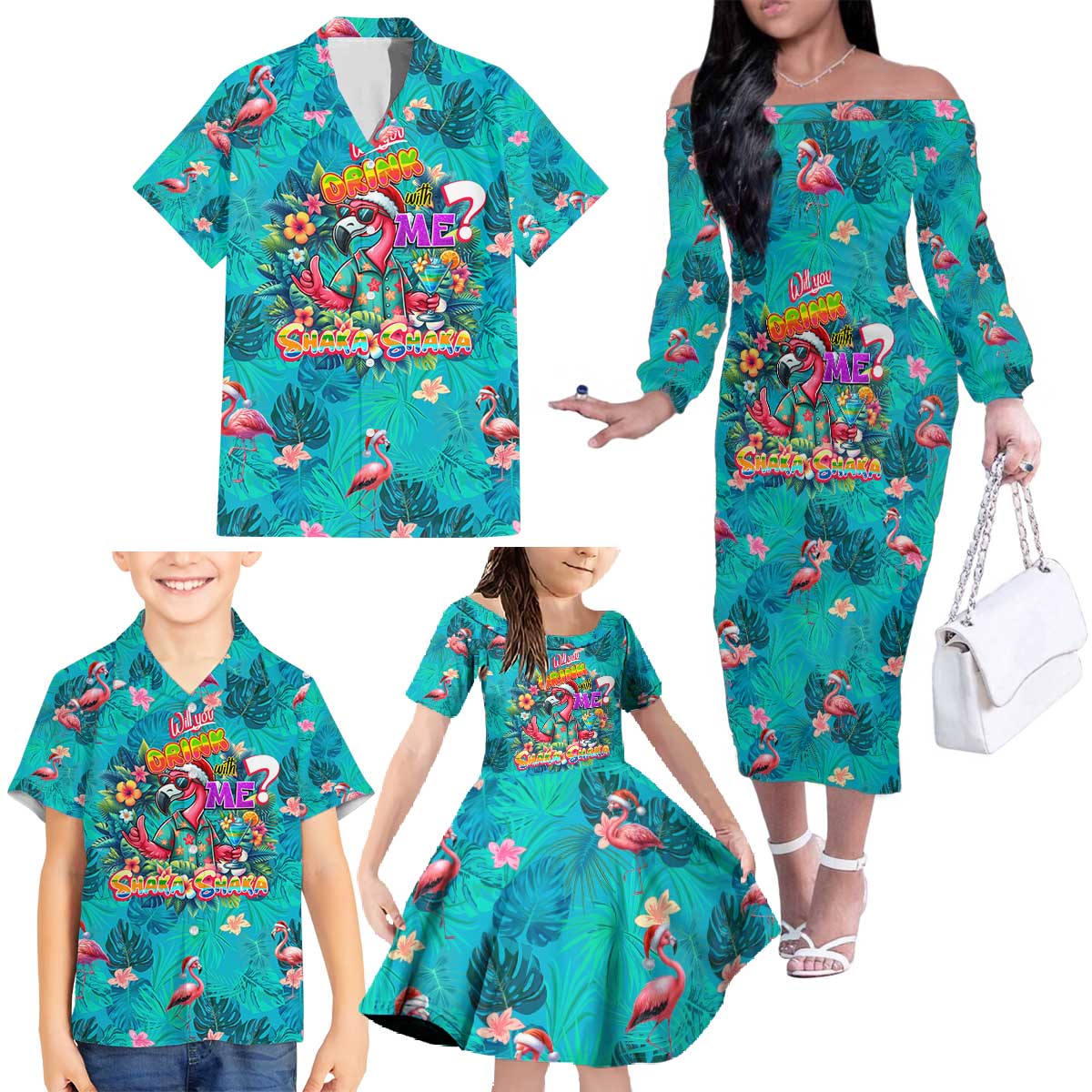 Tropical Flamingo Christmas Family Matching Off The Shoulder Long Sleeve Dress and Hawaiian Shirt Shaka Shaka Will You Drink With Me - Wonder Print Shop