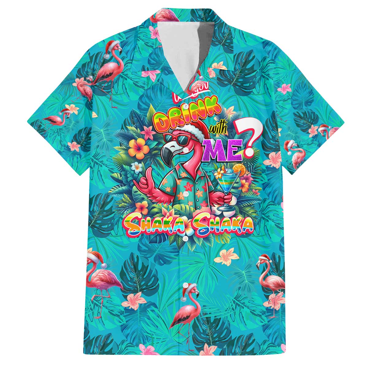 Tropical Flamingo Christmas Family Matching Off The Shoulder Long Sleeve Dress and Hawaiian Shirt Shaka Shaka Will You Drink With Me - Wonder Print Shop