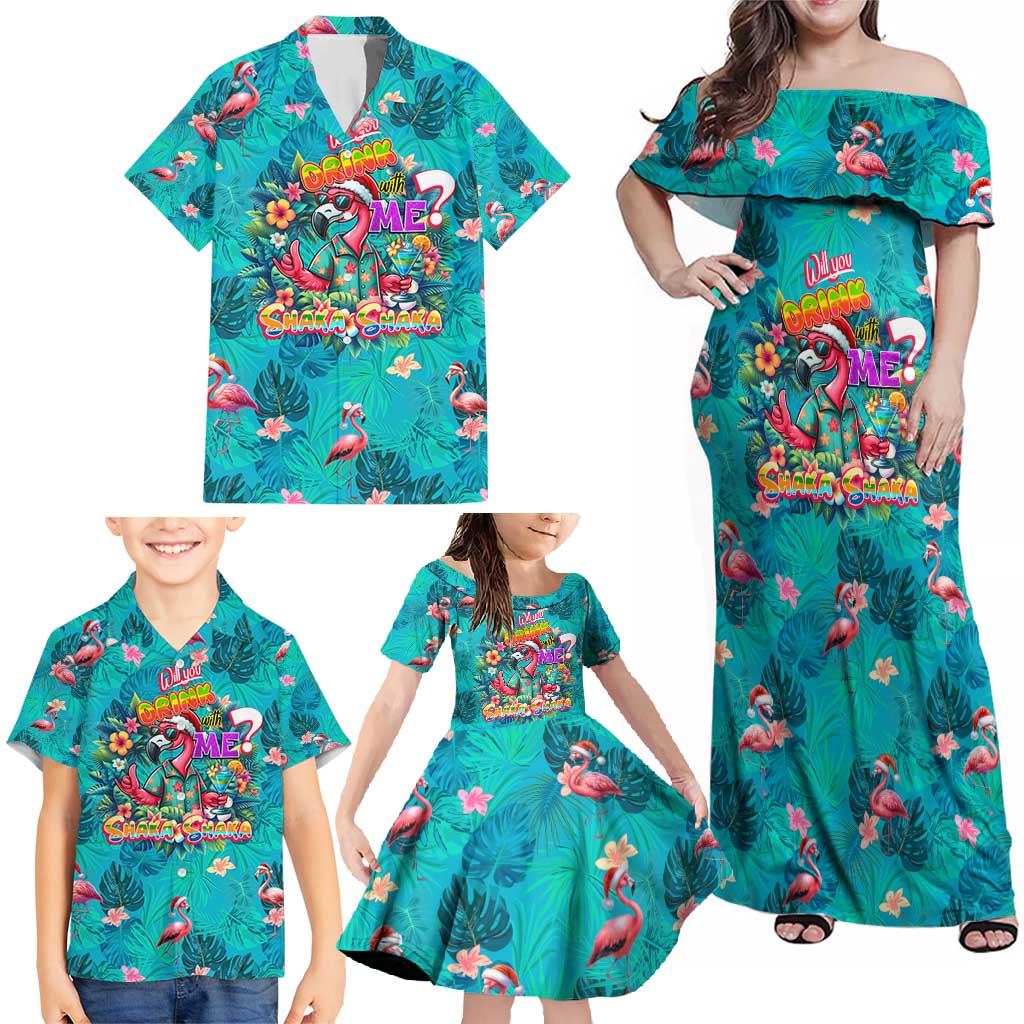 Tropical Flamingo Christmas Family Matching Off Shoulder Maxi Dress and Hawaiian Shirt Shaka Shaka Will You Drink With Me - Wonder Print Shop
