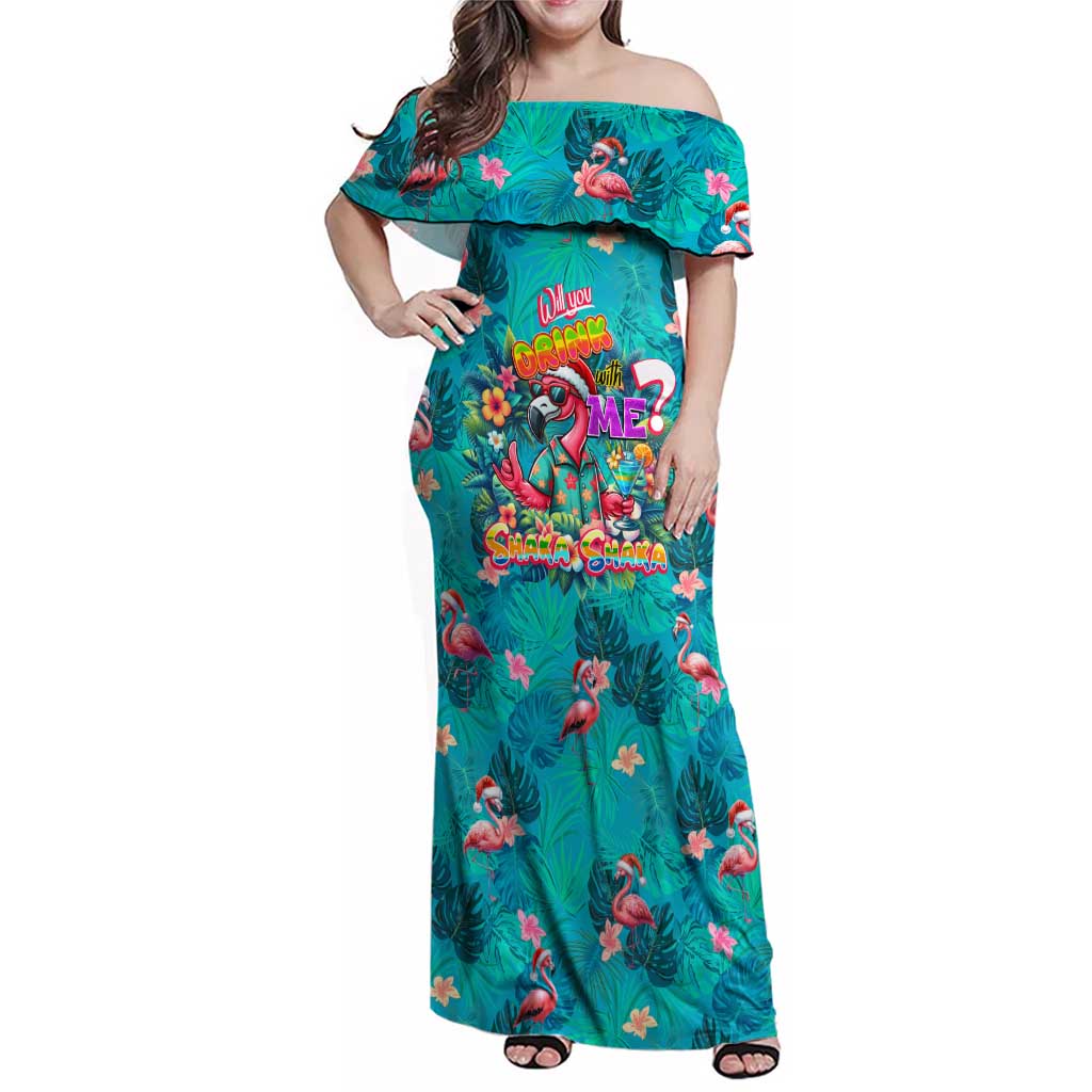 Tropical Flamingo Christmas Family Matching Off Shoulder Maxi Dress and Hawaiian Shirt Shaka Shaka Will You Drink With Me - Wonder Print Shop
