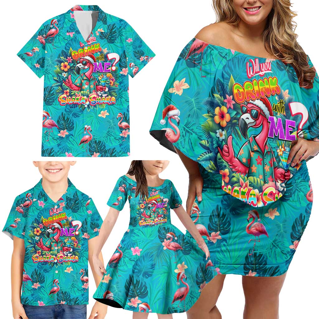 Tropical Flamingo Christmas Family Matching Off Shoulder Short Dress and Hawaiian Shirt Shaka Shaka Will You Drink With Me - Wonder Print Shop