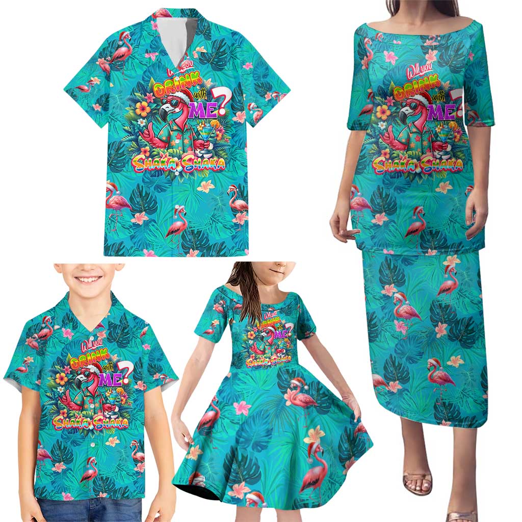 Tropical Flamingo Christmas Family Matching Puletasi and Hawaiian Shirt Shaka Shaka Will You Drink With Me - Wonder Print Shop