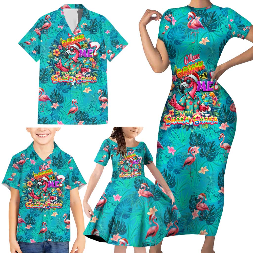 Tropical Flamingo Christmas Family Matching Short Sleeve Bodycon Dress and Hawaiian Shirt Shaka Shaka Will You Drink With Me - Wonder Print Shop