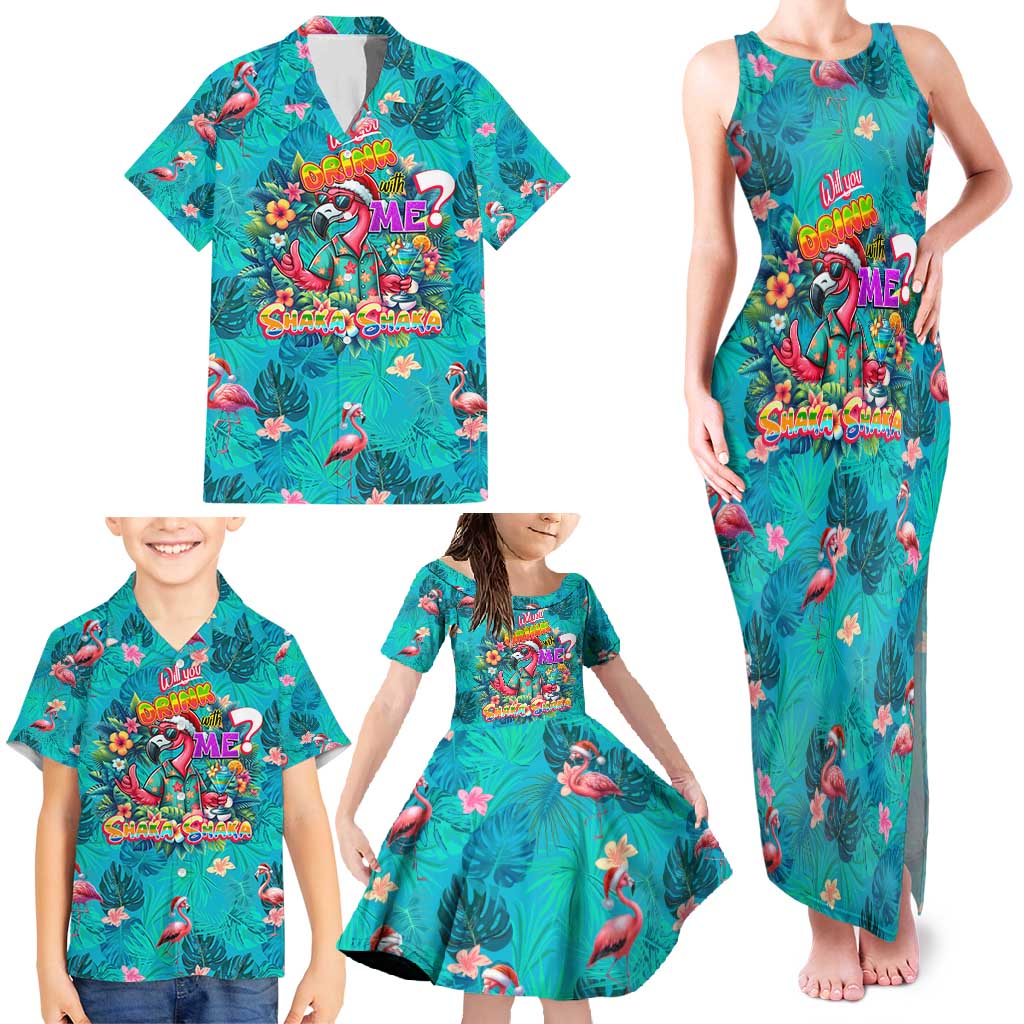 Tropical Flamingo Christmas Family Matching Tank Maxi Dress and Hawaiian Shirt Shaka Shaka Will You Drink With Me - Wonder Print Shop