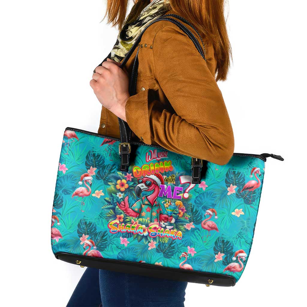 Tropical Flamingo Christmas Leather Tote Bag Shaka Shaka Will You Drink With Me - Wonder Print Shop