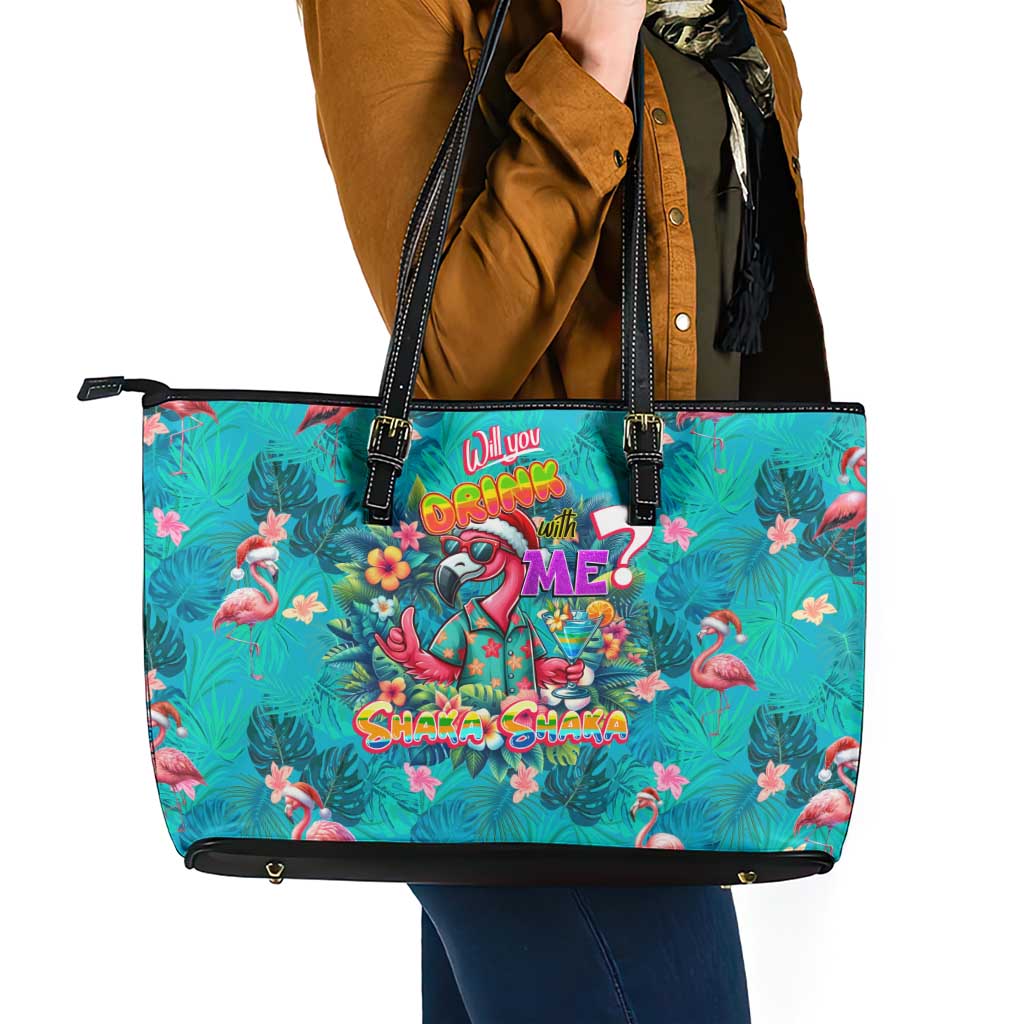 Tropical Flamingo Christmas Leather Tote Bag Shaka Shaka Will You Drink With Me - Wonder Print Shop