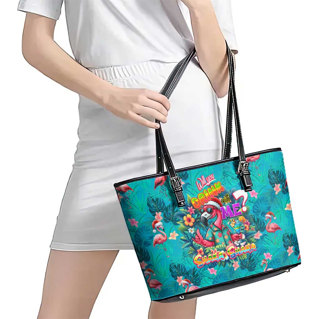 Tropical Flamingo Christmas Leather Tote Bag Shaka Shaka Will You Drink With Me - Wonder Print Shop
