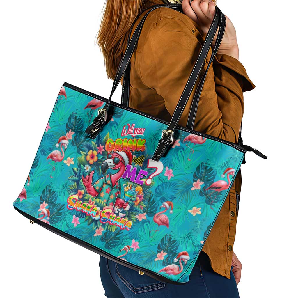 Tropical Flamingo Christmas Leather Tote Bag Shaka Shaka Will You Drink With Me - Wonder Print Shop