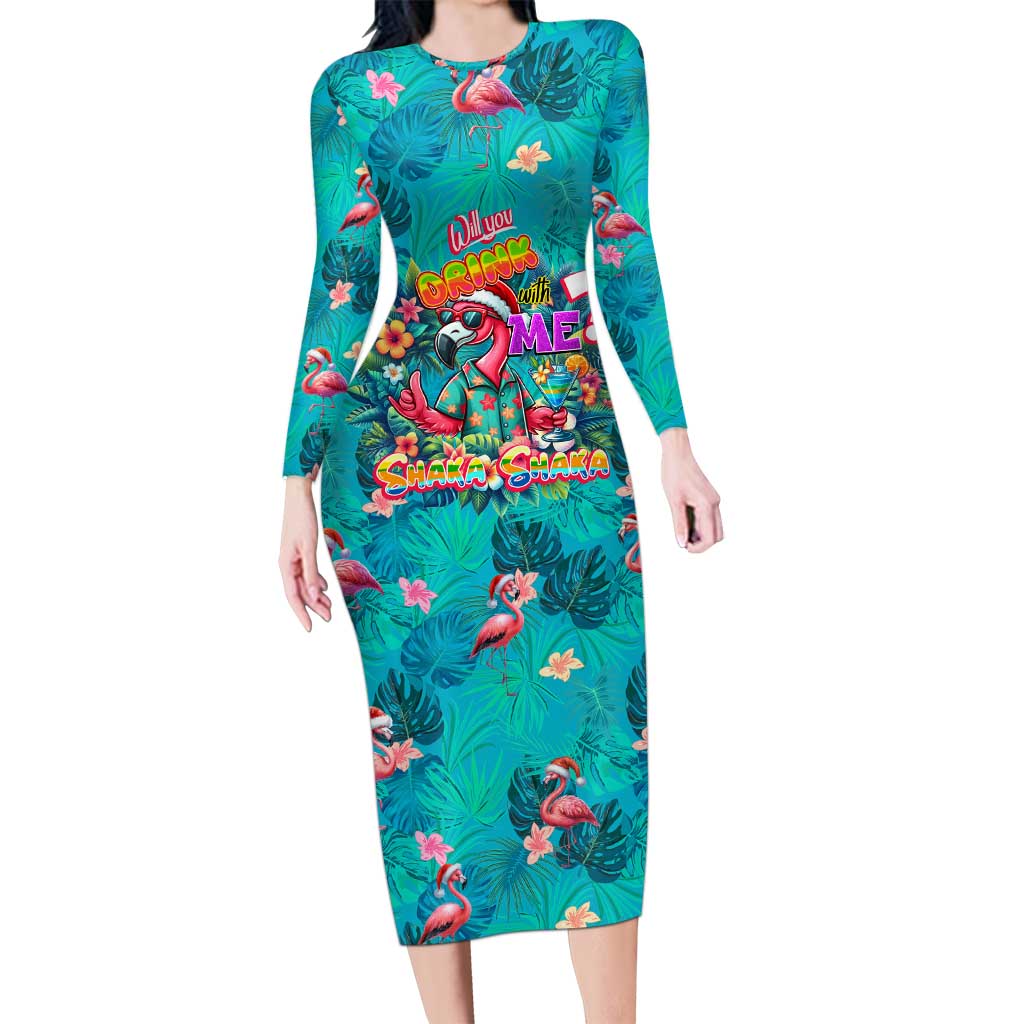 Tropical Flamingo Christmas Long Sleeve Bodycon Dress Shaka Shaka Will You Drink With Me - Wonder Print Shop