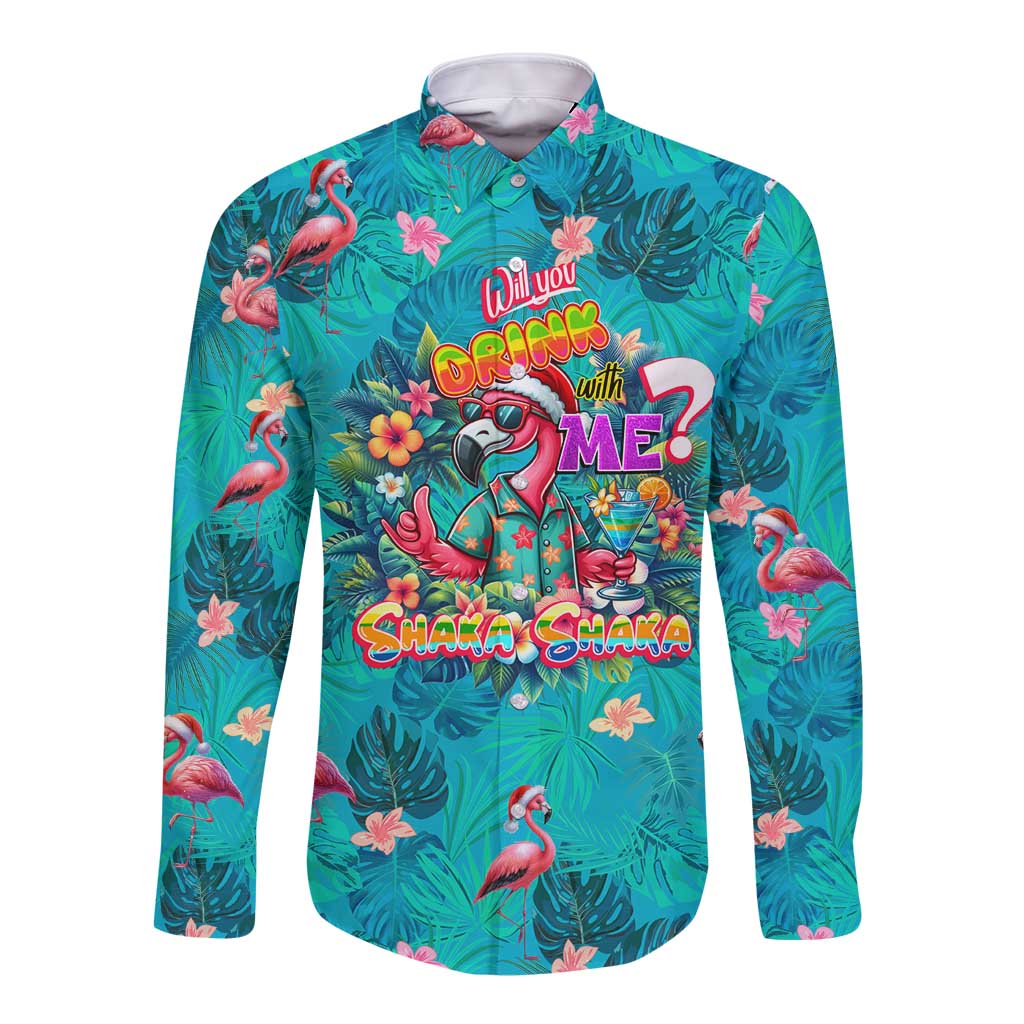 Tropical Flamingo Christmas Long Sleeve Button Shirt Shaka Shaka Will You Drink With Me - Wonder Print Shop