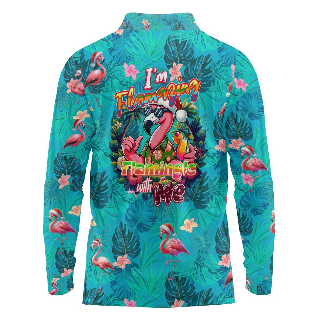 Tropical Flamingo Christmas Long Sleeve Polo Shirt Shaka Shaka Will You Drink With Me - Wonder Print Shop