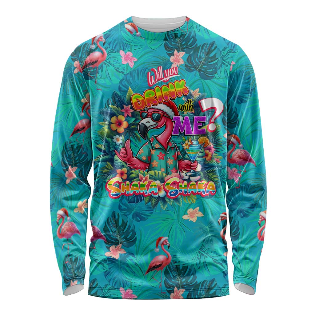 Tropical Flamingo Christmas Long Sleeve Shirt Shaka Shaka Will You Drink With Me - Wonder Print Shop