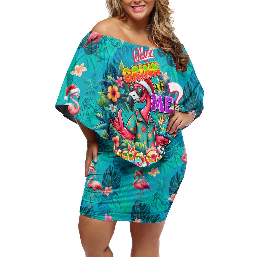Tropical Flamingo Christmas Off Shoulder Short Dress Shaka Shaka Will You Drink With Me - Wonder Print Shop