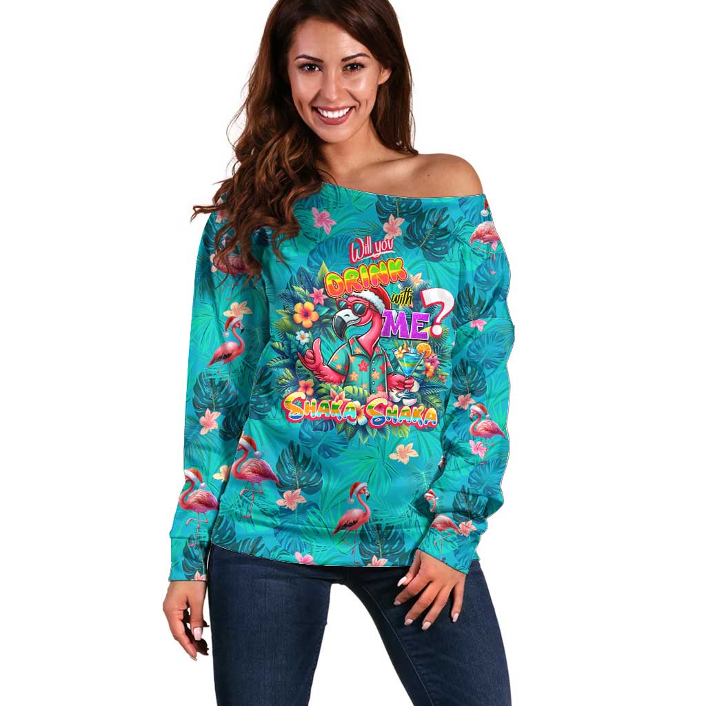 Tropical Flamingo Christmas Off Shoulder Sweater Shaka Shaka Will You Drink With Me - Wonder Print Shop