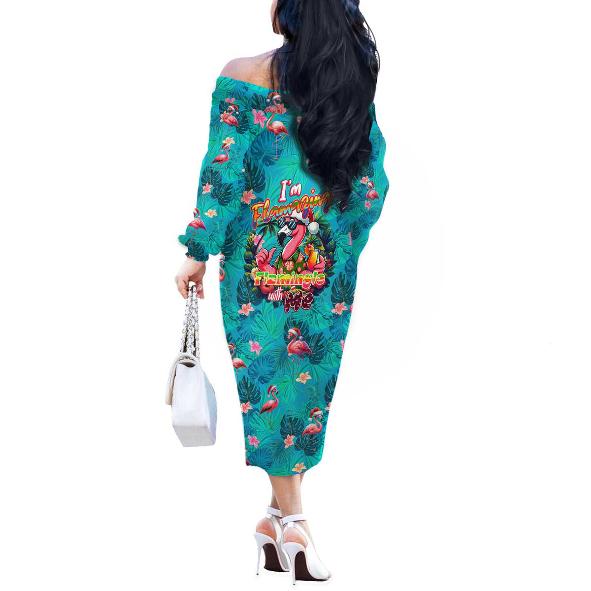 Tropical Flamingo Christmas Off The Shoulder Long Sleeve Dress Shaka Shaka Will You Drink With Me - Wonder Print Shop