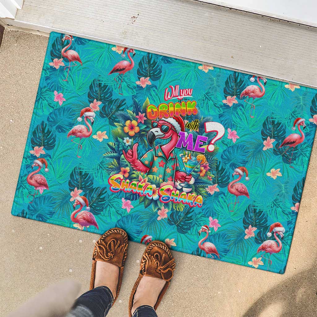 Tropical Flamingo Christmas Rubber Doormat Shaka Shaka Will You Drink With Me - Wonder Print Shop