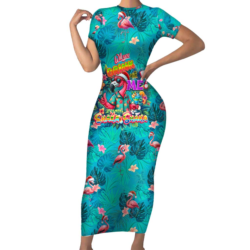 Tropical Flamingo Christmas Short Sleeve Bodycon Dress Shaka Shaka Will You Drink With Me - Wonder Print Shop
