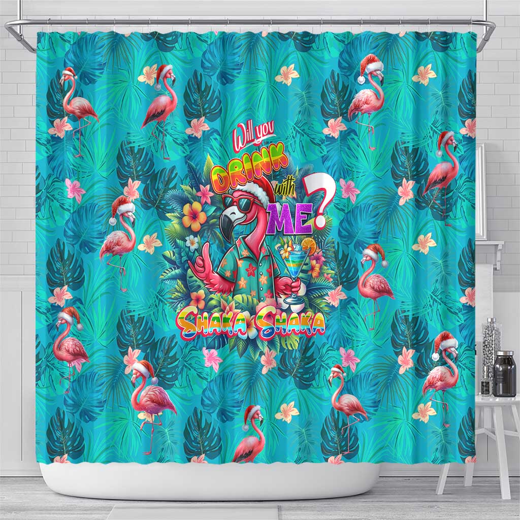 Tropical Flamingo Christmas Shower Curtain Shaka Shaka Will You Drink With Me - Wonder Print Shop