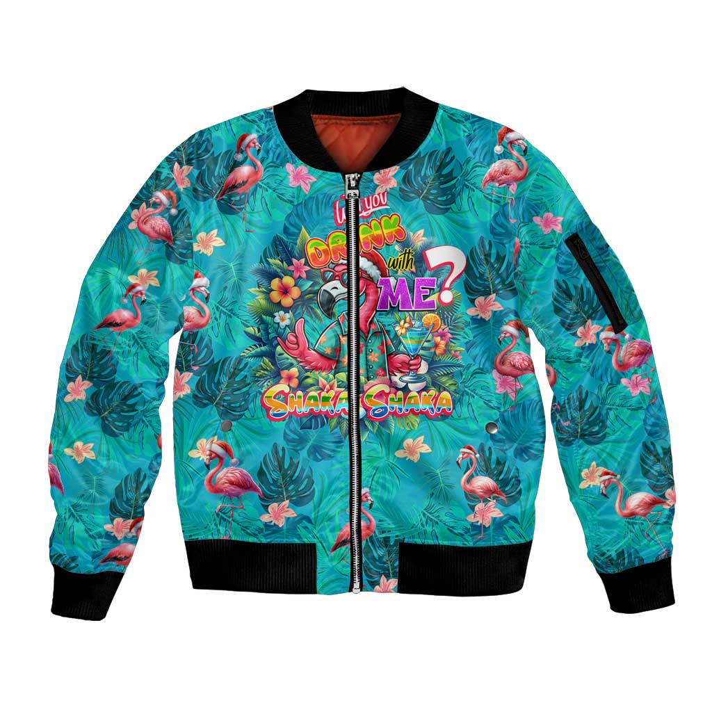Tropical Flamingo Christmas Sleeve Zip Bomber Jacket Shaka Shaka Will You Drink With Me - Wonder Print Shop