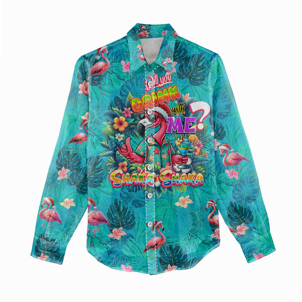 Tropical Flamingo Christmas Women Casual Shirt Shaka Shaka Will You Drink With Me - Wonder Print Shop
