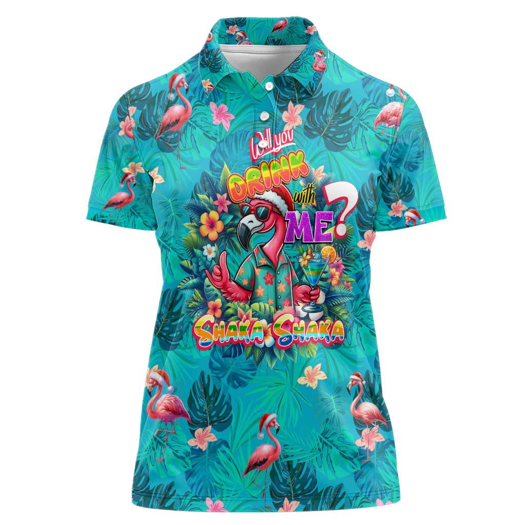Tropical Flamingo Christmas Women Polo Shirt Shaka Shaka Will You Drink With Me - Wonder Print Shop