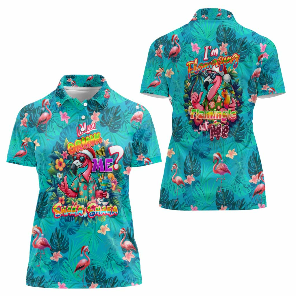 Tropical Flamingo Christmas Women Polo Shirt Shaka Shaka Will You Drink With Me - Wonder Print Shop