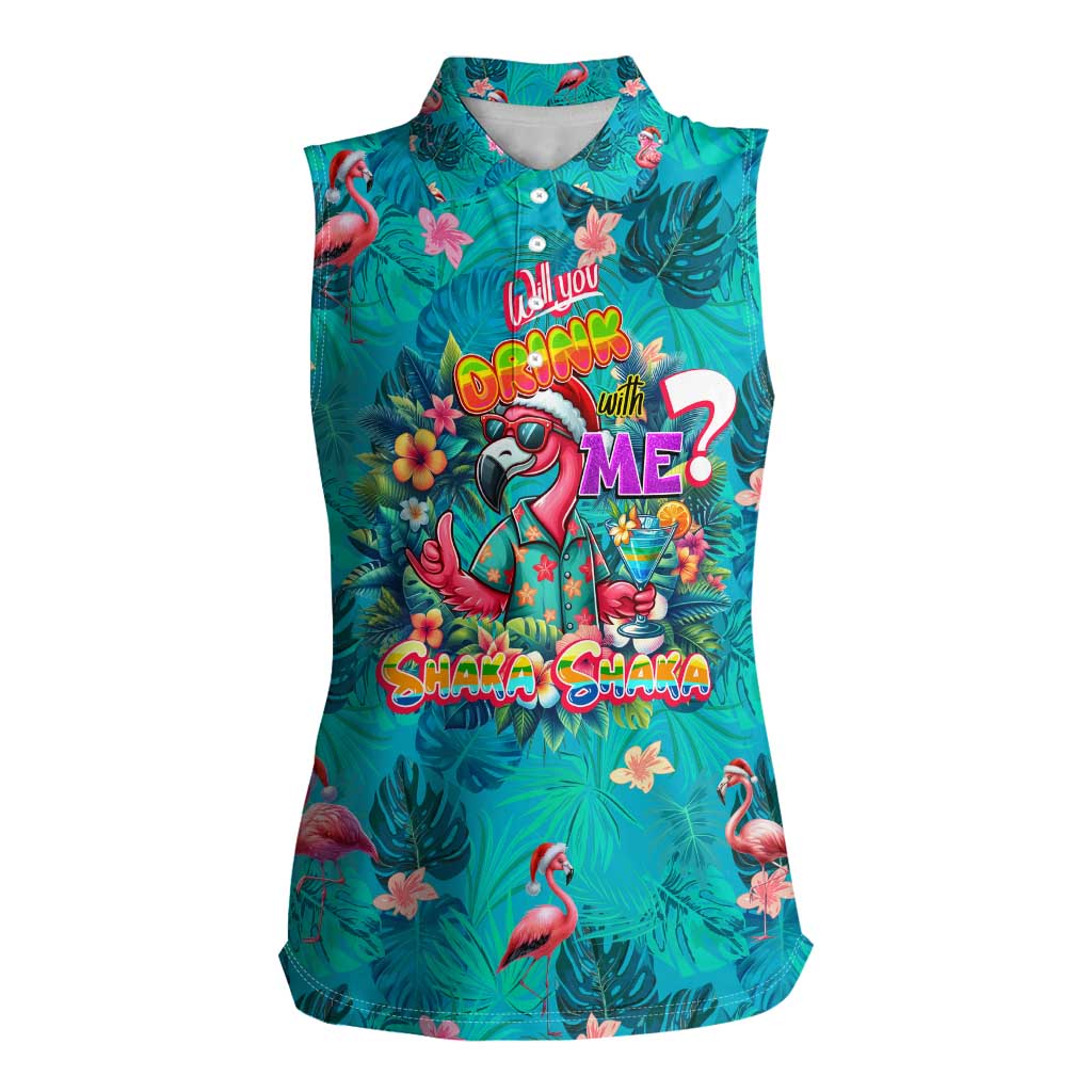 Tropical Flamingo Christmas Women Sleeveless Polo Shirt Shaka Shaka Will You Drink With Me - Wonder Print Shop