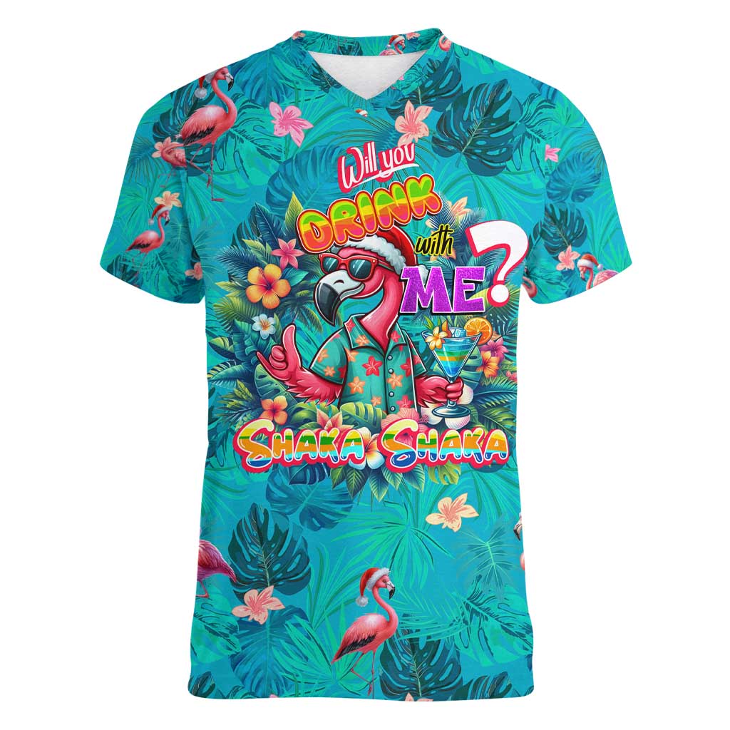 Tropical Flamingo Christmas Women V-Neck T-Shirt Shaka Shaka Will You Drink With Me - Wonder Print Shop