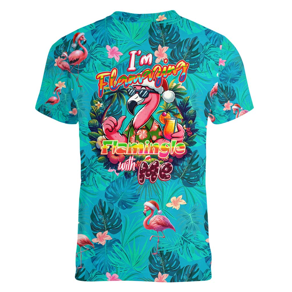 Tropical Flamingo Christmas Women V-Neck T-Shirt Shaka Shaka Will You Drink With Me - Wonder Print Shop