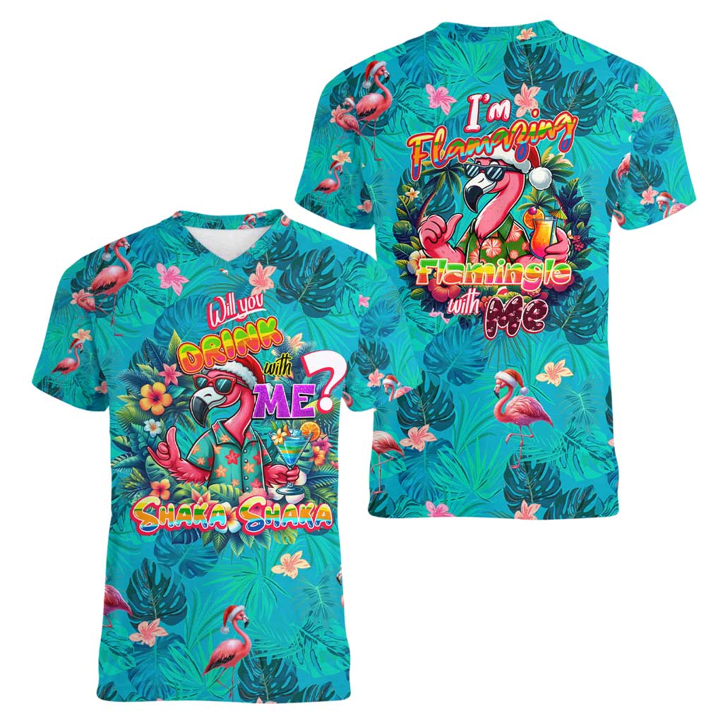 Tropical Flamingo Christmas Women V-Neck T-Shirt Shaka Shaka Will You Drink With Me - Wonder Print Shop