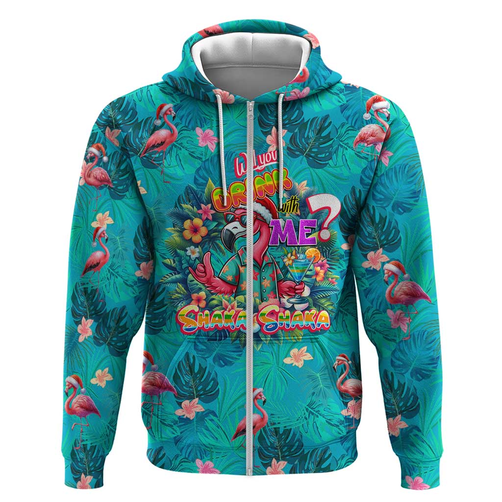 Tropical Flamingo Christmas Zip Hoodie Shaka Shaka Will You Drink With Me - Wonder Print Shop