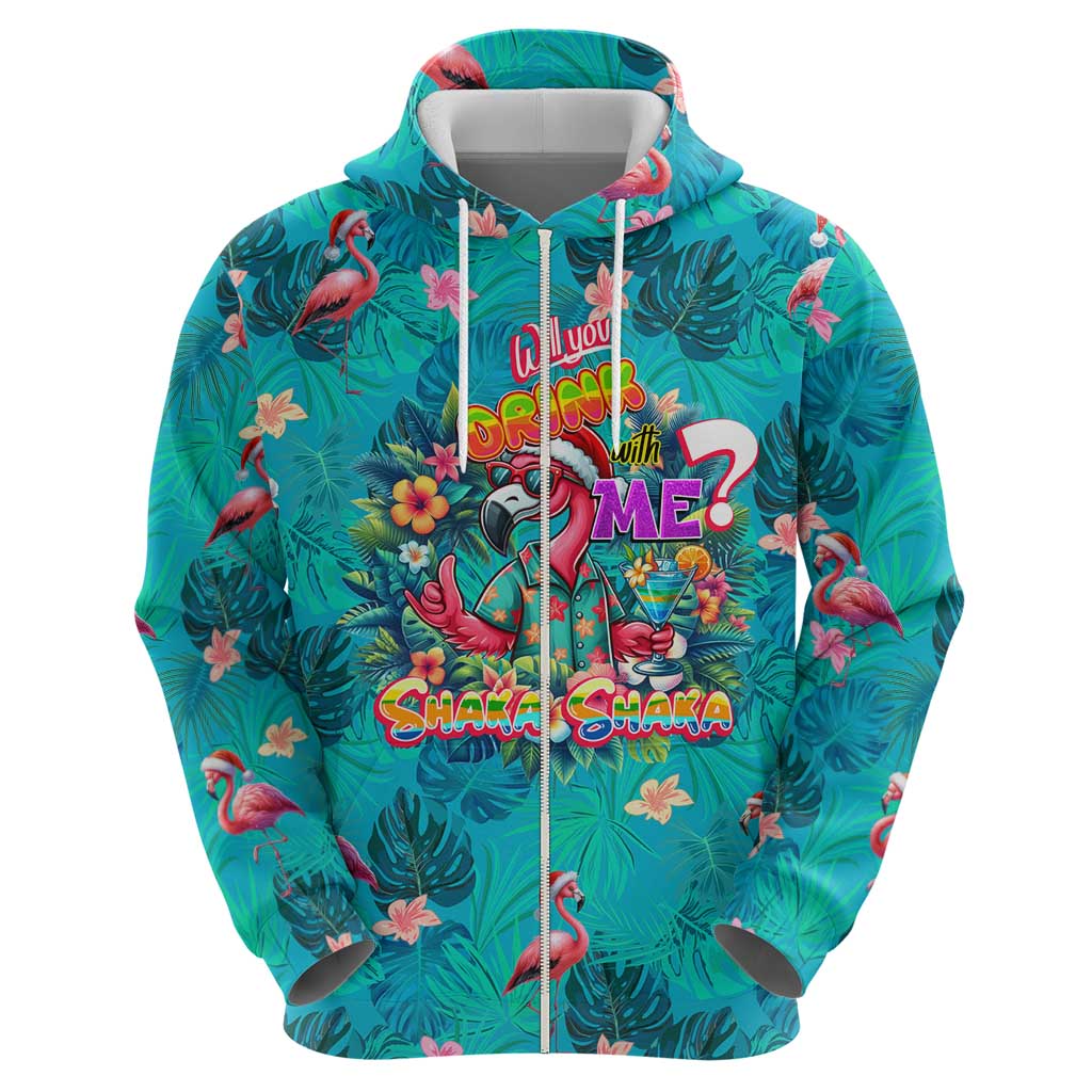 Tropical Flamingo Christmas Zip Hoodie Shaka Shaka Will You Drink With Me - Wonder Print Shop