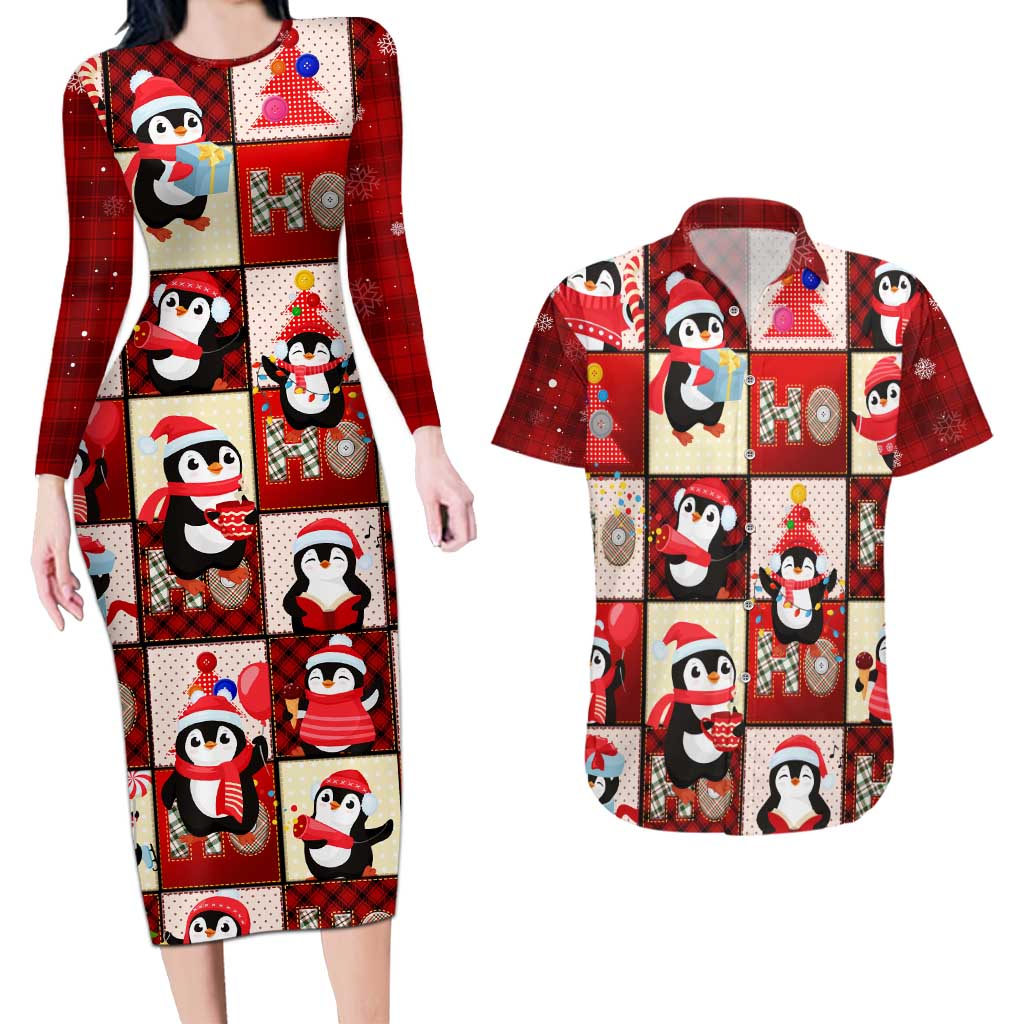 Cute Christmas Penguin Couples Matching Long Sleeve Bodycon Dress and Hawaiian Shirt Cozy Winter Ho Ho Ho Holiday Fun - Wonder Print Shop