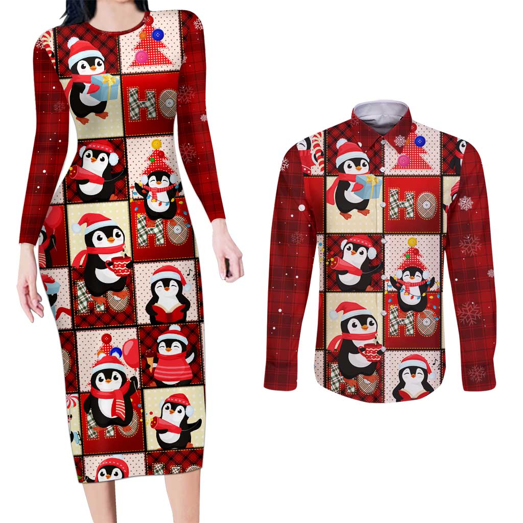 Cute Christmas Penguin Couples Matching Long Sleeve Bodycon Dress and Long Sleeve Button Shirt Cozy Winter Ho Ho Ho Holiday Fun - Wonder Print Shop
